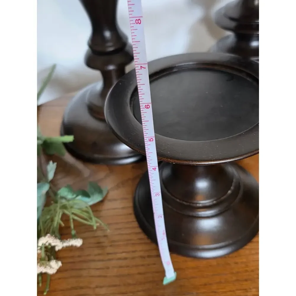 Pottery Barn Turned Wood Pillar Candle Holders Set Dark Brown Espresso 3 Pc